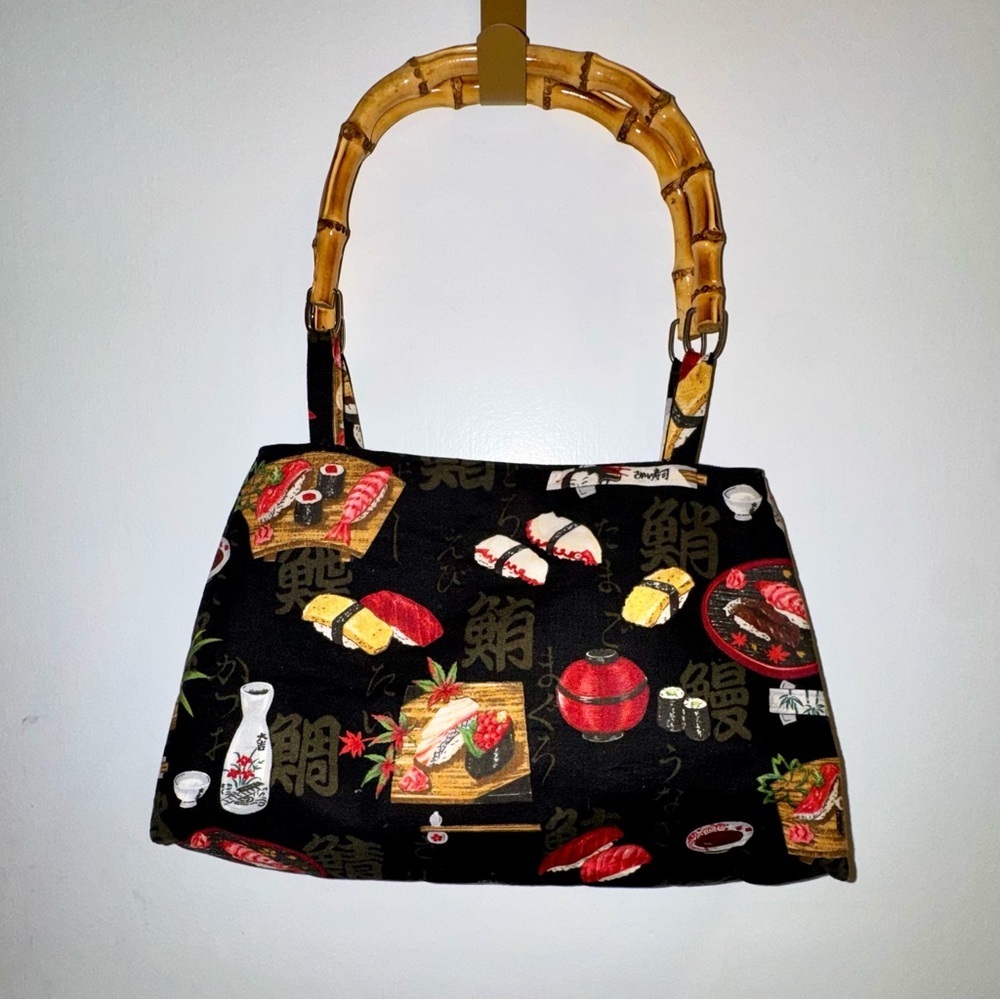 Vintage Sushi Print Handbag with Bamboo Handles